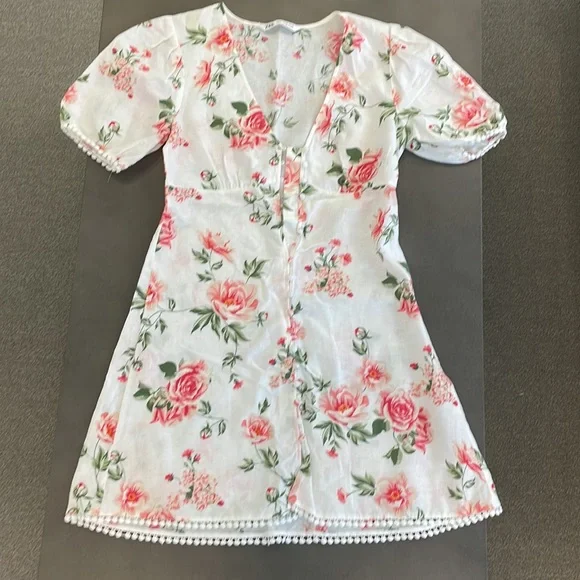 Zara White Linen Blend Puff Sleeve Button Front Mini Dress - Picture 3 of 11